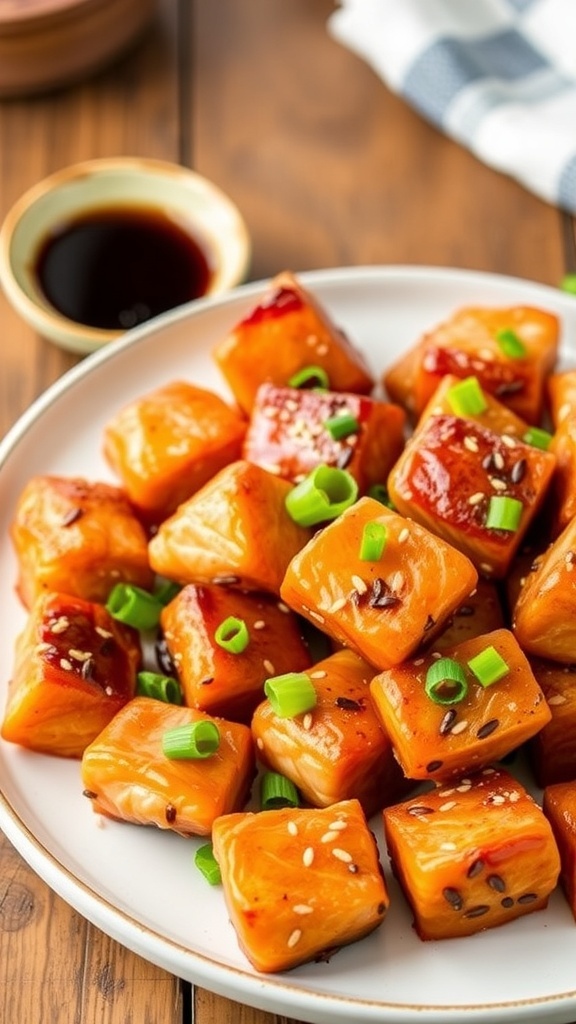 Crispy Air Fryer Salmon Bites with Soy Sauce Crispy air fryer salmon bites garnished with green onions and sesame seeds on a rustic table.